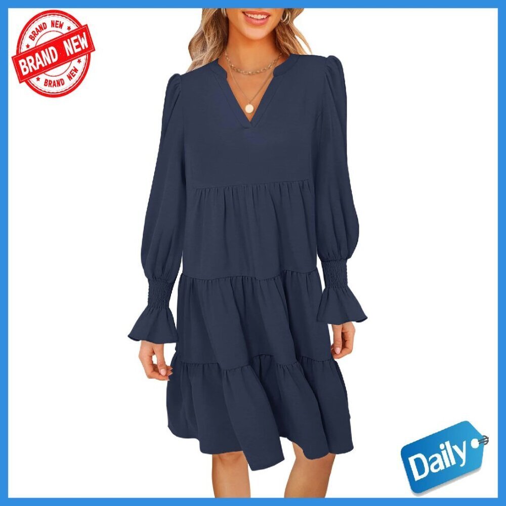 Long Sleeve Midi Dress V Neck Flowy Swing Tiered Fall Casual